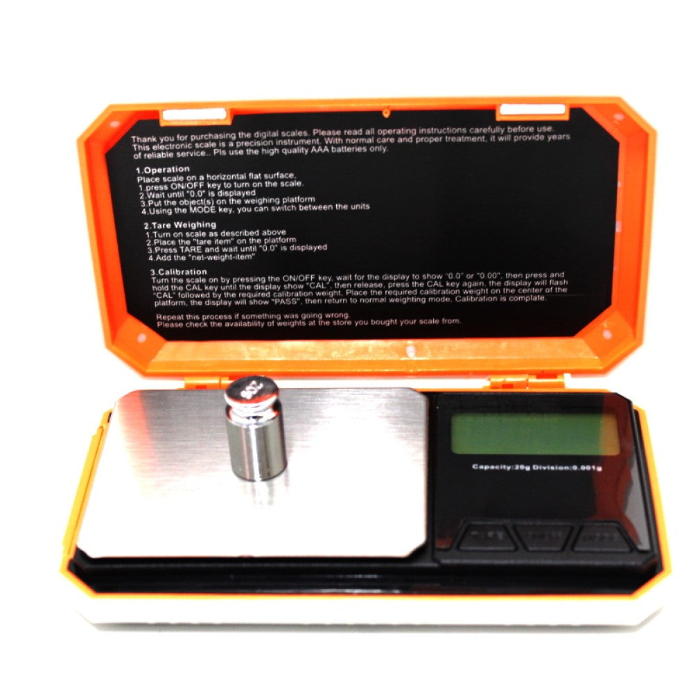 DigiWeigh DW-20RGX-G Cyber Series pocket scale, 20g capacity with 0.001g precision, compact digital scale with LCD display and portable design.