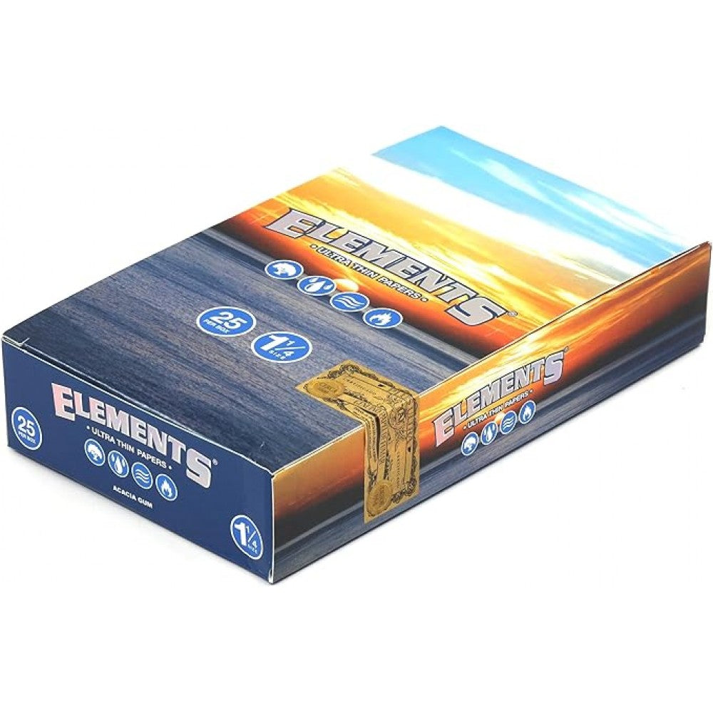 Elements 1 1/4 size rolling papers 25 count box, ultra-thin slow-burning papers designed for smooth and consistent rolling experience.