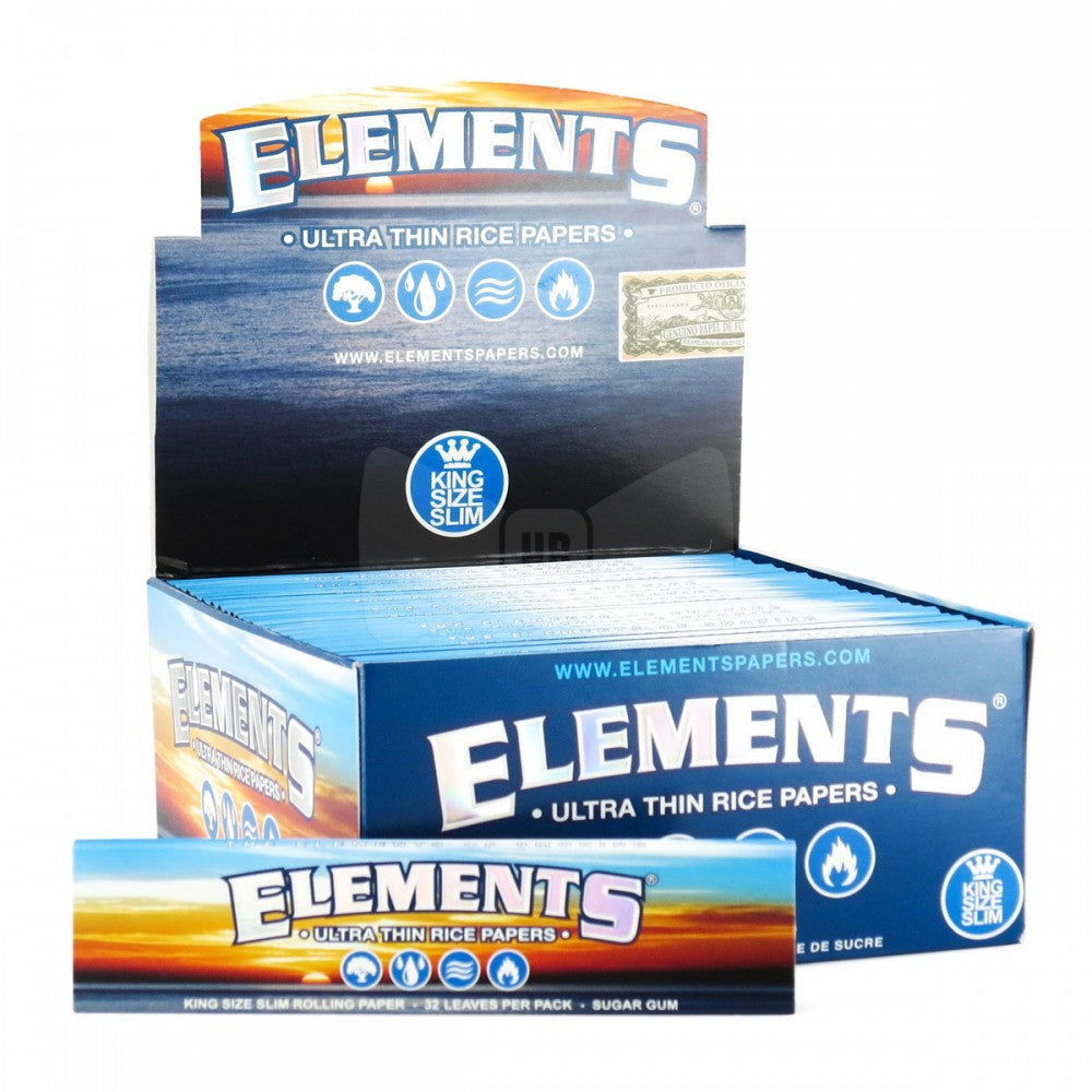 Elements King Size Slim rolling papers 50 count box, ultra-thin slow-burning papers designed for smooth and consistent rolling experience.