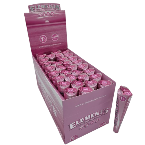 Elements Ultra Thin Pink Cone 1¼ size pre-rolled cone made from ultra-thin paper for smooth, slow burn and clean smoking experience.