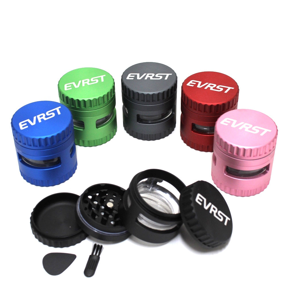 EVRST 4-part 63mm metal grinder with window design, durable build, sharp teeth, and smooth grinding performance for herbs and spices.