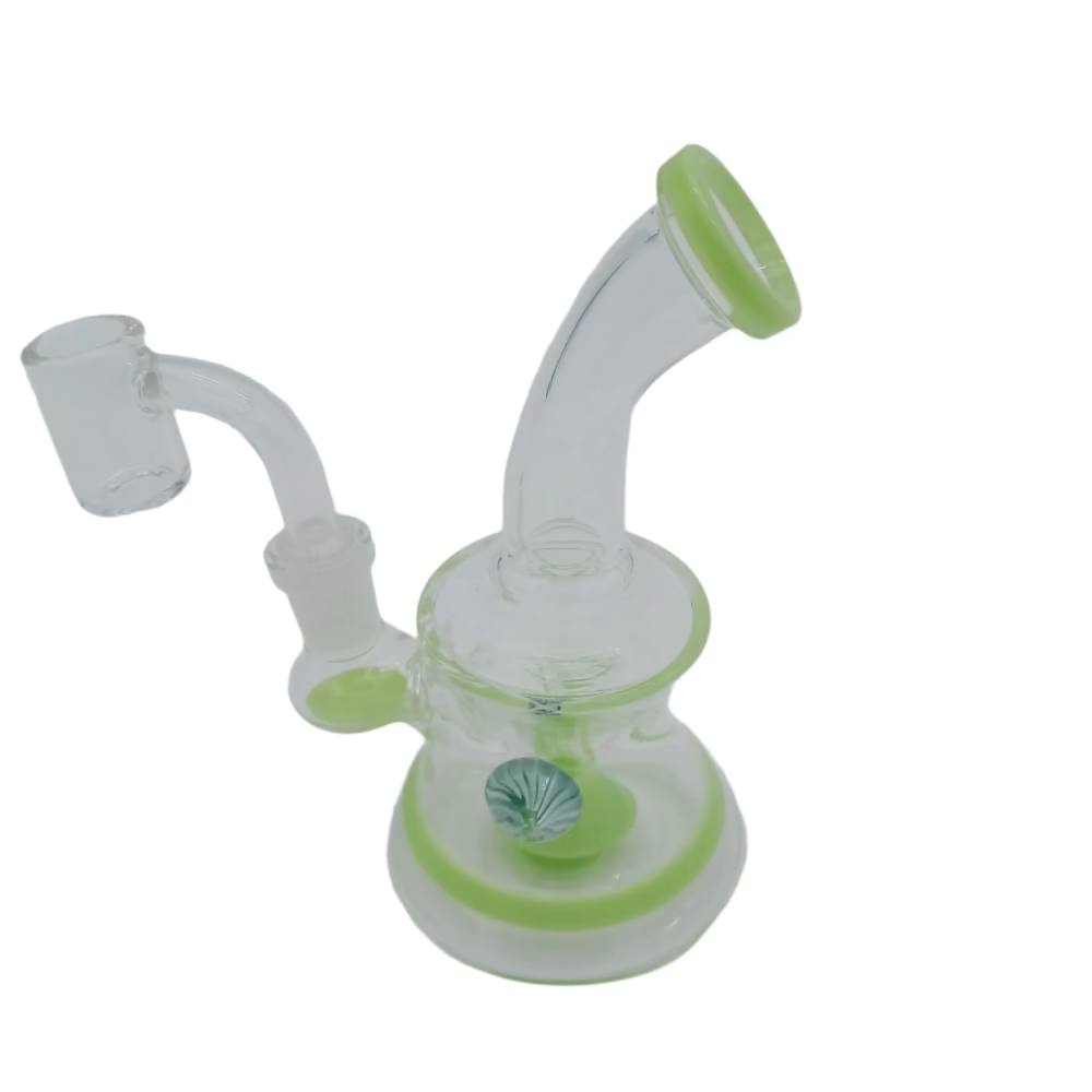 Fancy button glass dab rig water pipe featuring durable borosilicate construction and 14mm male quartz banger for smooth and clean vapor hits.
