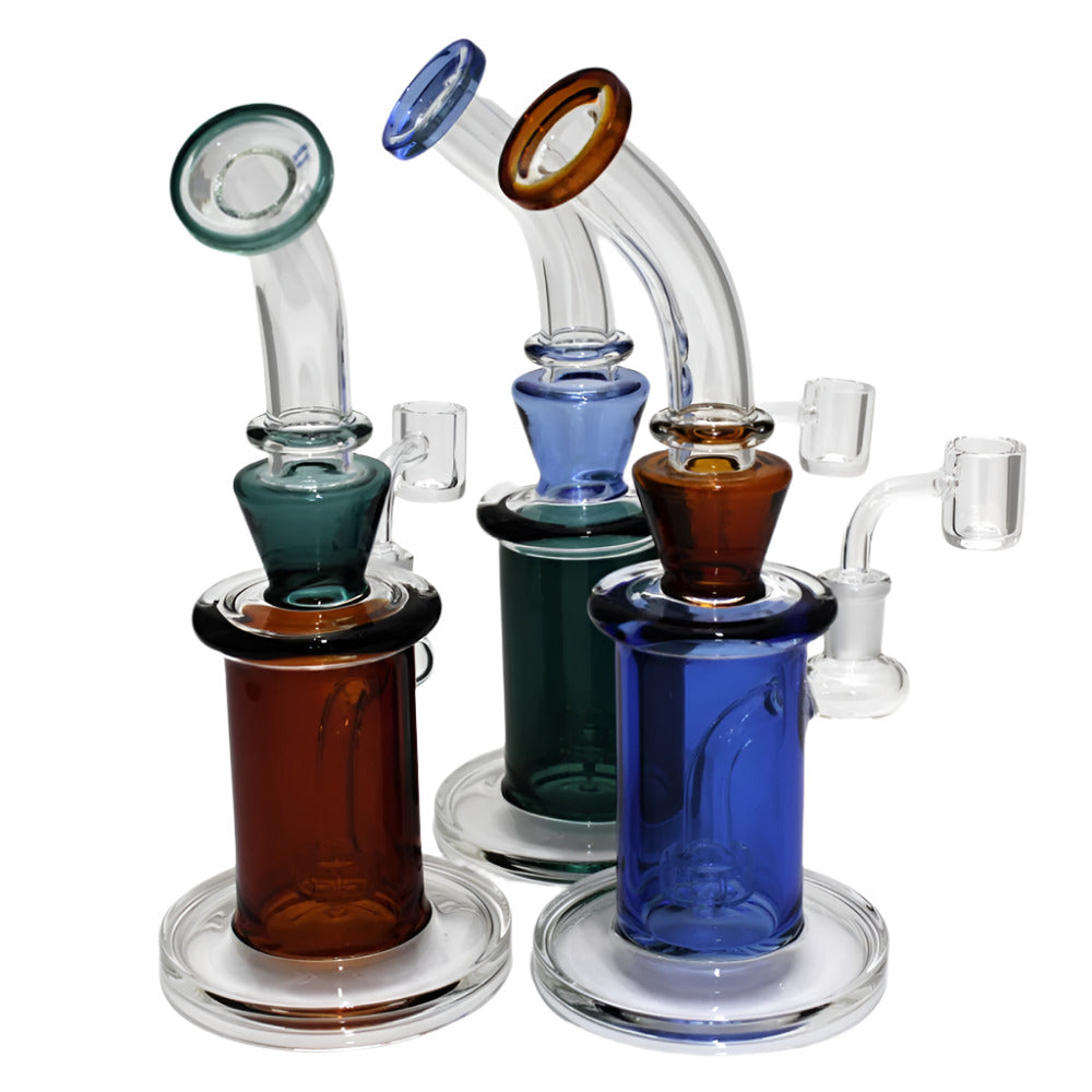 Flat bottom full tube color dab rig water pipe with 14mm male banger featuring durable borosilicate glass and smooth airflow system.