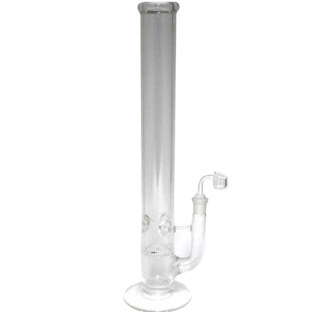 Flat bottom honey comb straight water pipe with 18MM male banger featuring durable glass construction honeycomb filtration system and smooth airflow performance.