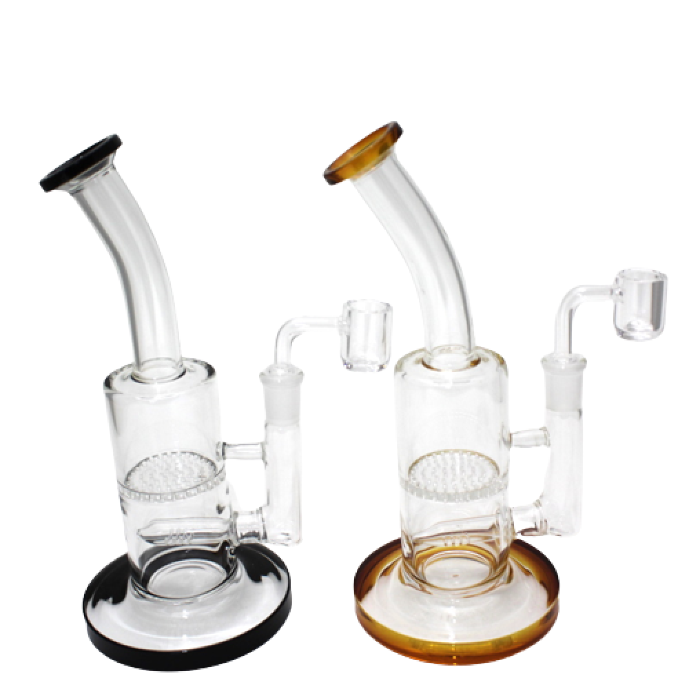 Flat bottom inline honeycomb dab rig water pipe with 14mm male quartz banger borosilicate glass rig with honeycomb percolator smooth filtration and stable base design.