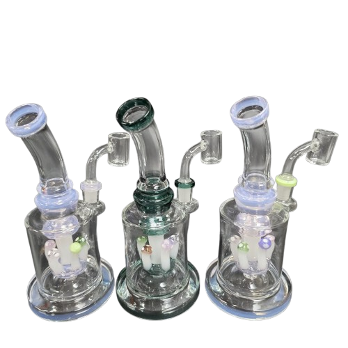 Flat bottom mushroom percolator dab rig water pipe with 14mm male quartz banger, designed for stable use, smooth filtration, and clean vapor delivery.