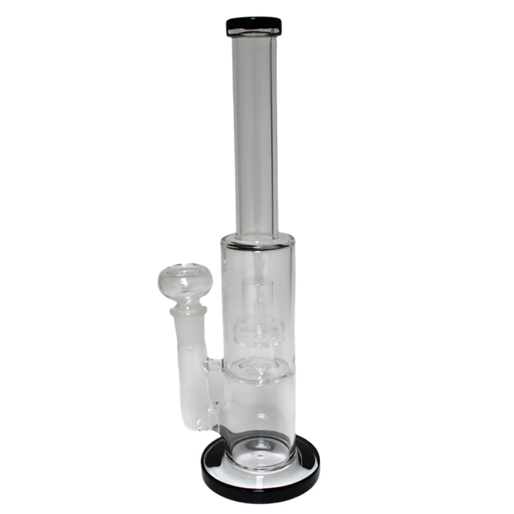 Flat bottom straight glass water pipe with percolator system and heavy stable base design for enhanced filtration, durability, and smooth smoking experience.