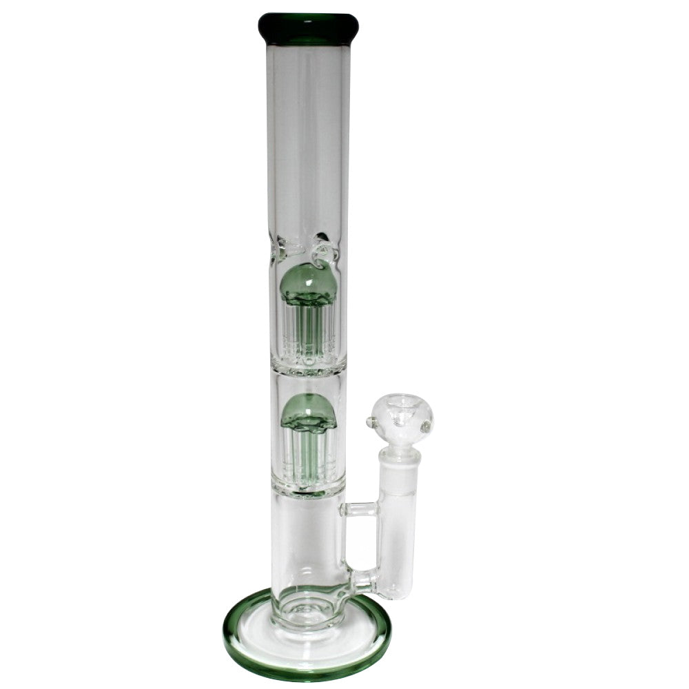 Flat bottom straight double tree percolator water pipe with durable glass construction and multi-stage filtration for smooth and clean smoking experience.
