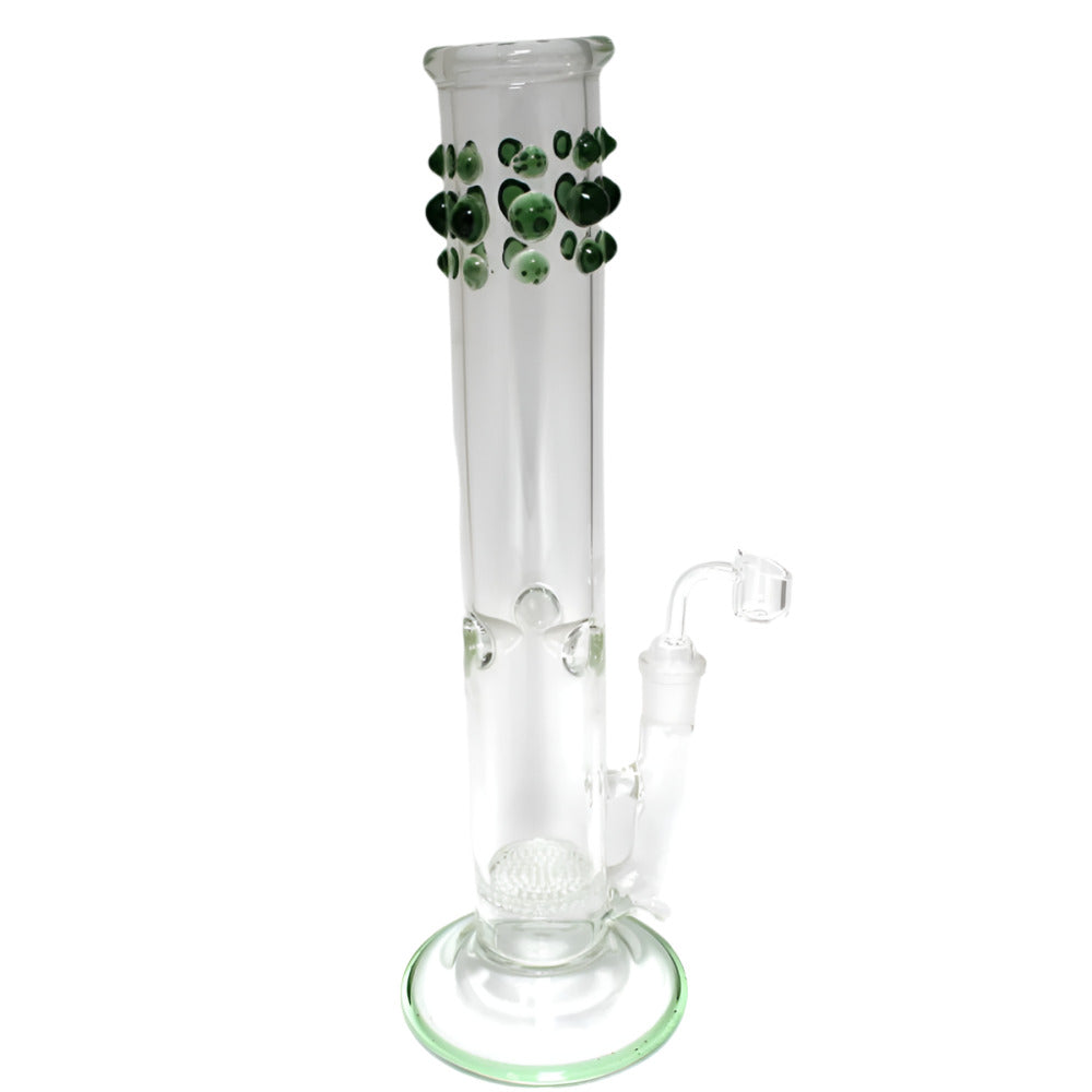 Flat bottom straight water pipe with decorative design, durable glass construction, and 18mm male banger for smooth airflow and stability.