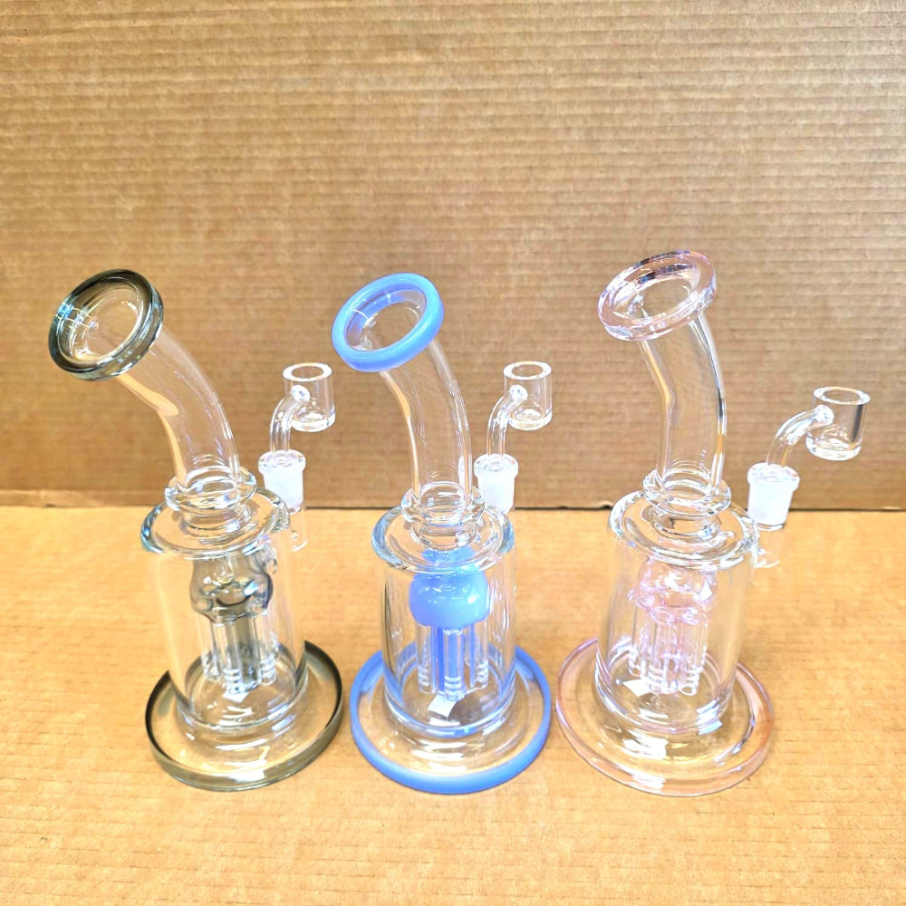 Clear glass flat bottom tree percolator bong with heavy base design and advanced diffusion system for smooth smoke.