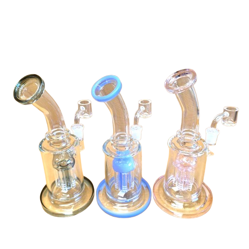 Flat bottom tree percolator glass water pipe front view with stable base and multi chamber filtration system.