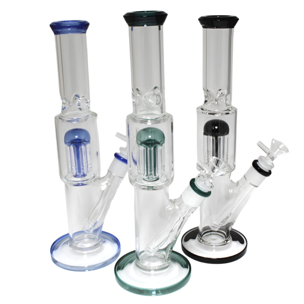 Flat bottom water pipe with tree percolator, durable glass construction, smooth airflow, enhanced filtration, and stable base design.