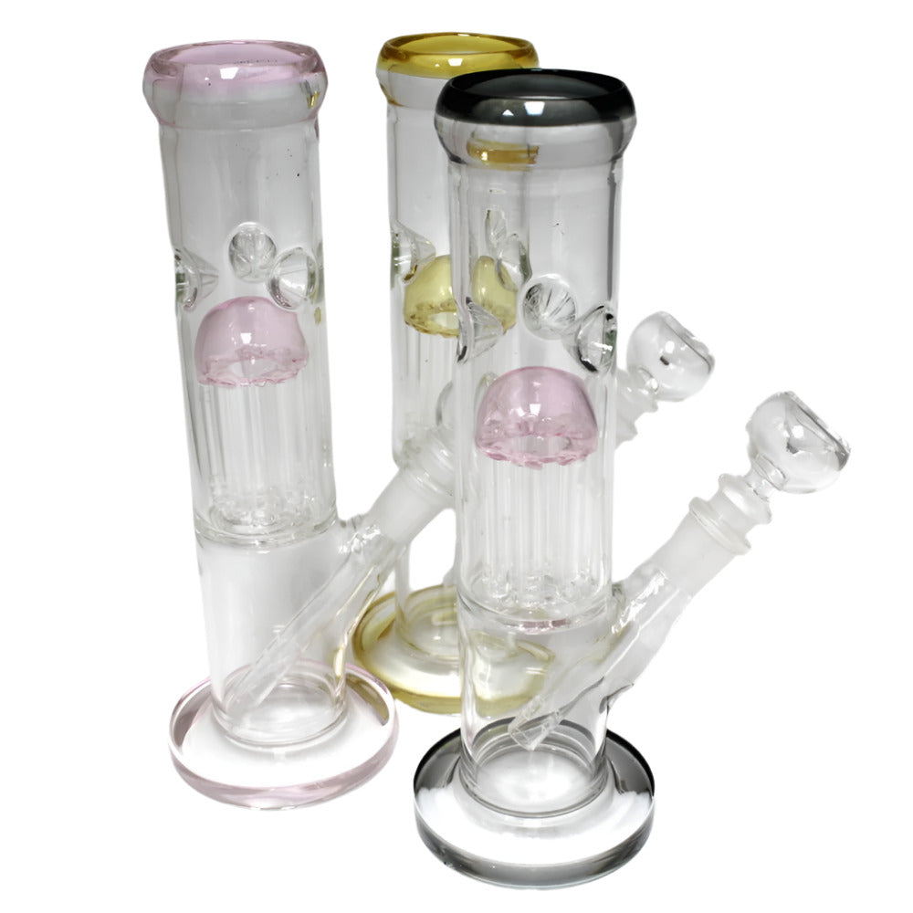 Flat bottom tree percolator water pipe featuring durable borosilicate glass construction, stable base, and smooth filtration system.