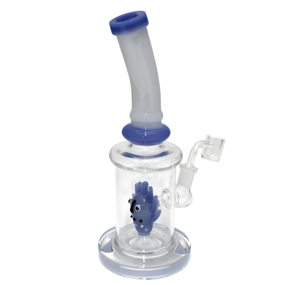 Flat bottom tube style color design percolator water pipe with 14mm male banger, featuring vibrant accents, durable glass construction, and smooth filtration system.