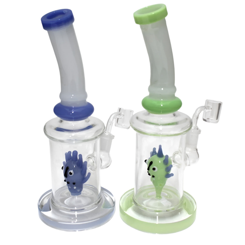 Flat bottom tube color design percolator water pipe with 14mm male banger featuring durable glass construction and smooth filtration system.