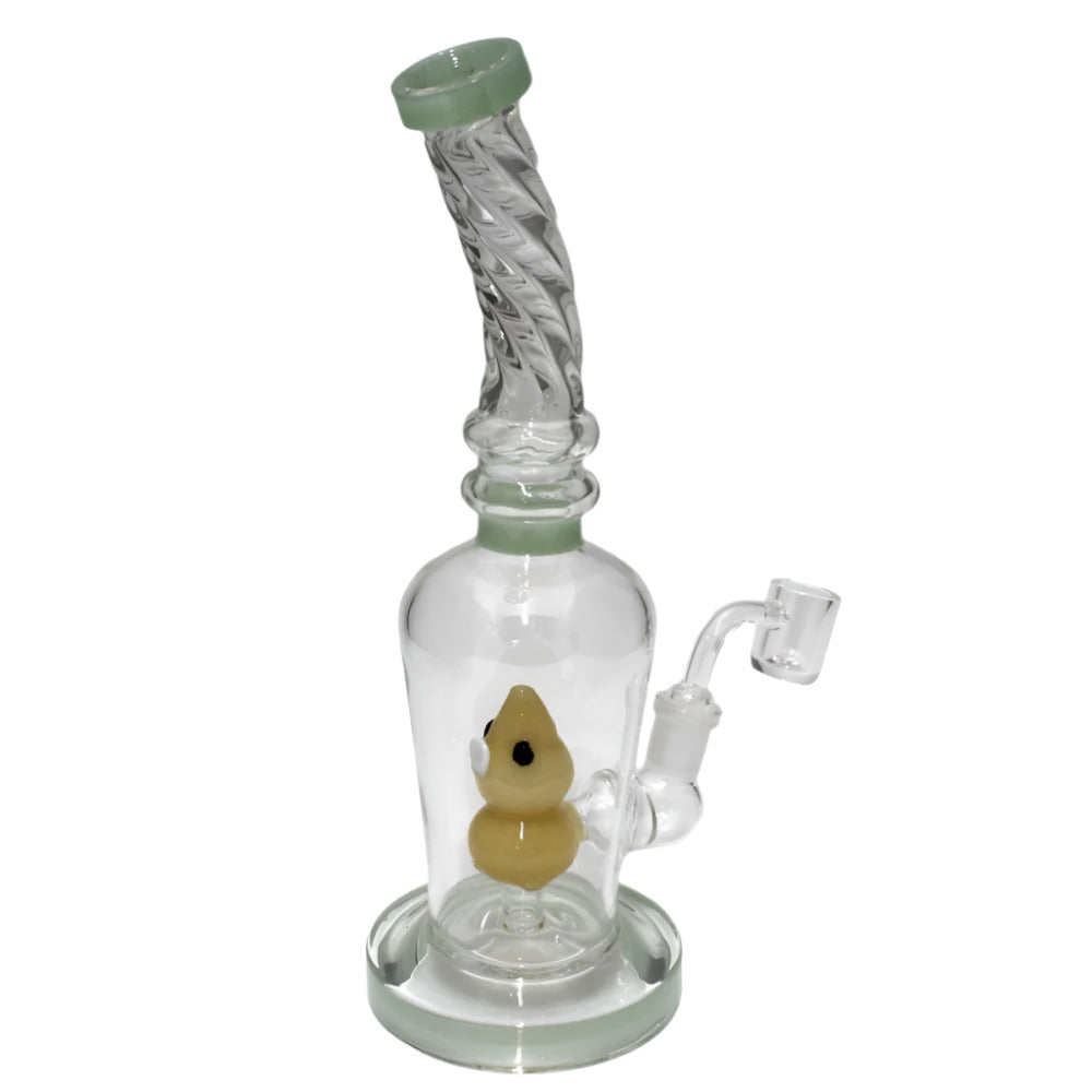 Flat bottom twisted top glass water pipe with 14mm male banger featuring durable construction, stable base design, and smooth airflow performance.