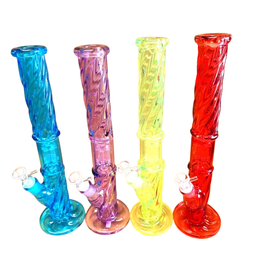 Flat bottom twisted tree percolator straight glass water pipe front view showing detailed filtration chamber.