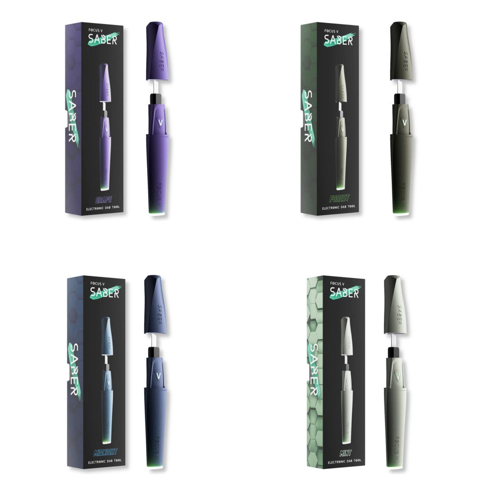 Focus V Saber Portable Electric Dab Tool featuring precision-controlled heating, rechargeable battery operation, and an ergonomic design for convenient concentrate handling.