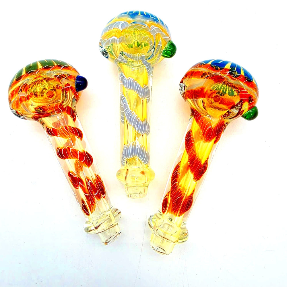 Frit color heavy duty glass hand pipe made with thick durable glass, featuring vibrant frit color design and smooth airflow for a premium smoking experience.