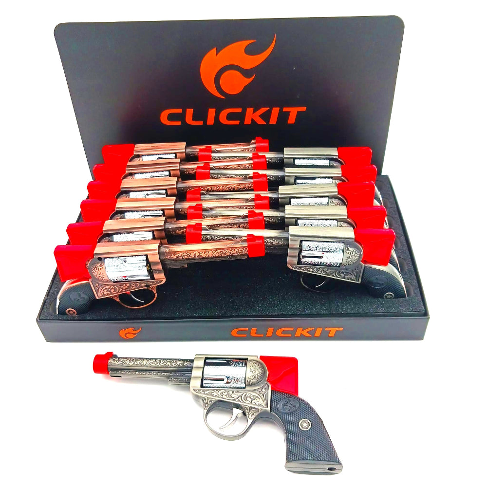 GH-9561 Clickit revolver single torch lighter display box with 12 pieces, featuring a powerful wind-resistant flame, durable construction, and ergonomic design for reliable daily use.