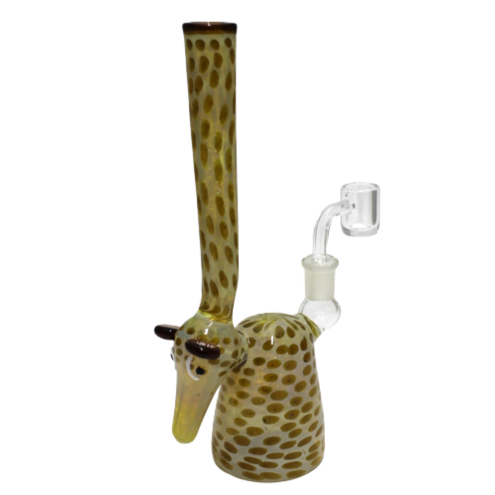 Giraffe down head dab rig water pipe with 14mm male quartz banger unique animal themed glass rig durable borosilicate construction smooth water filtration system.