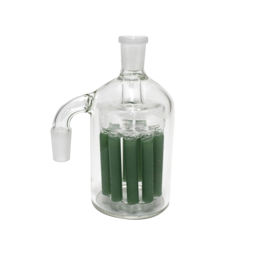 Borosilicate glass ash catcher with 90 degree angle and tree percolator, featuring 14mm joint compatibility and clear durable construction.