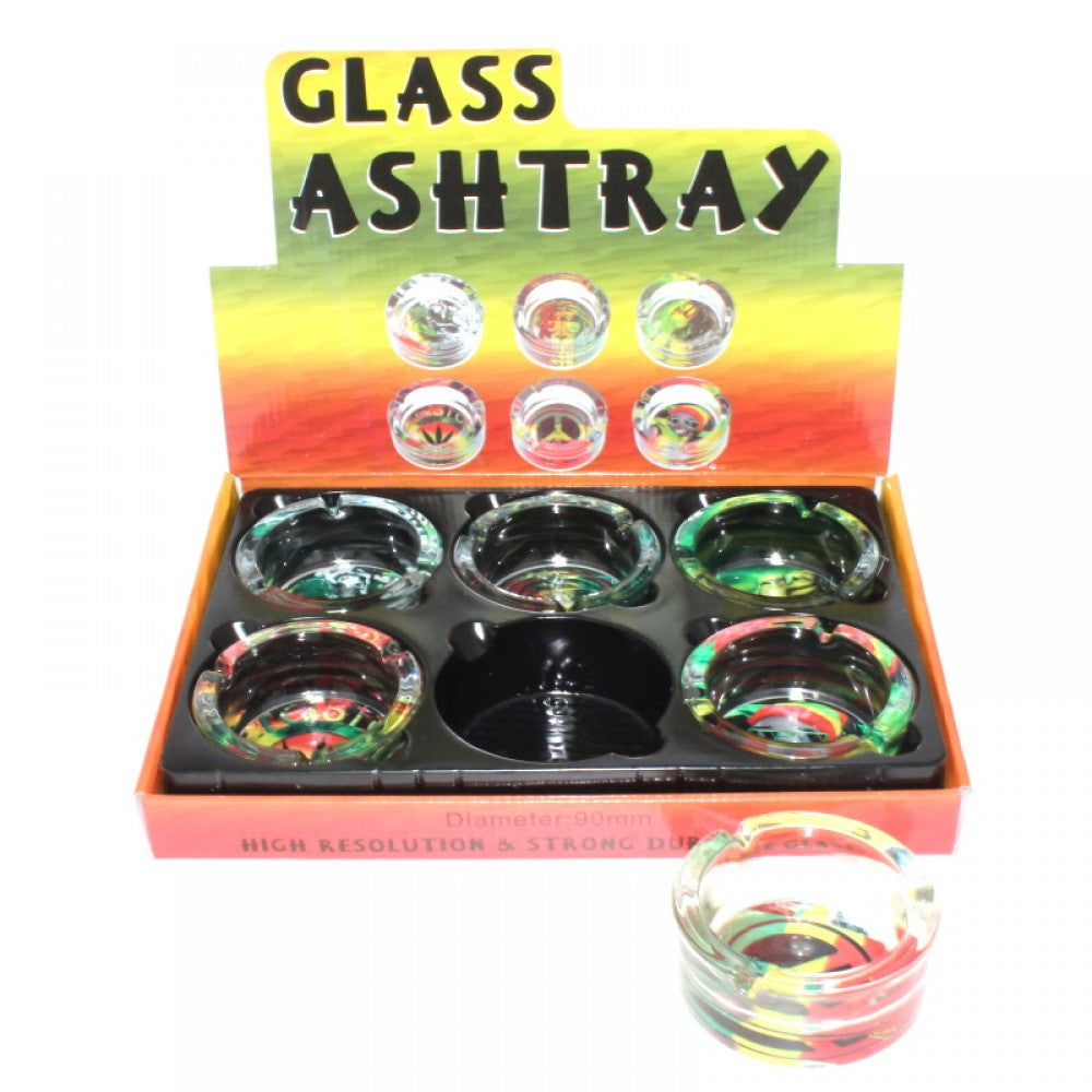 Glass ashtray with assorted sticker designs, durable decorative smoking ashtray set, 6 pieces per pack for home, office, and tabletop use.