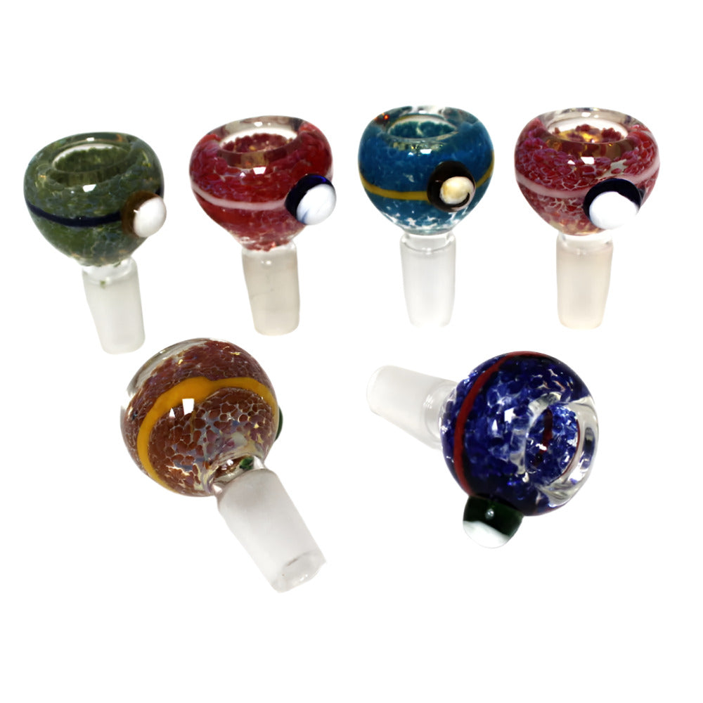 Glass bowl assorted color 14MM male glass on glass made from durable heat resistant material for smooth airflow and performance.