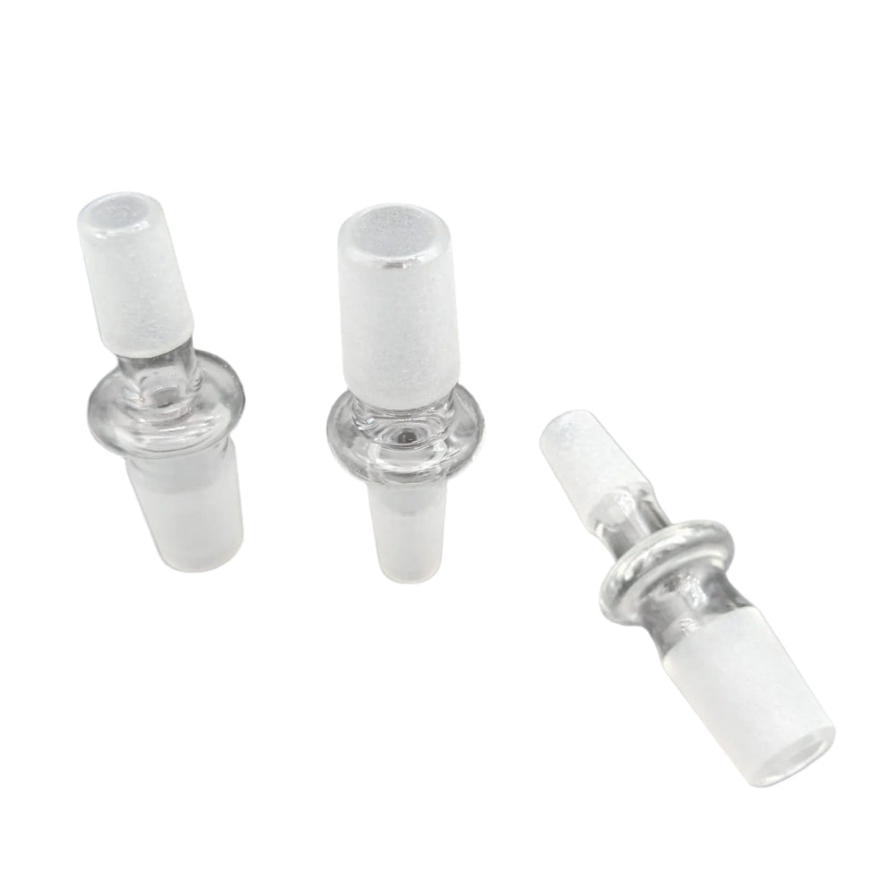 Glass connectors 18mm male to 14mm male adapter, durable glass piece designed for secure fitting and smooth airflow between different joint sizes.