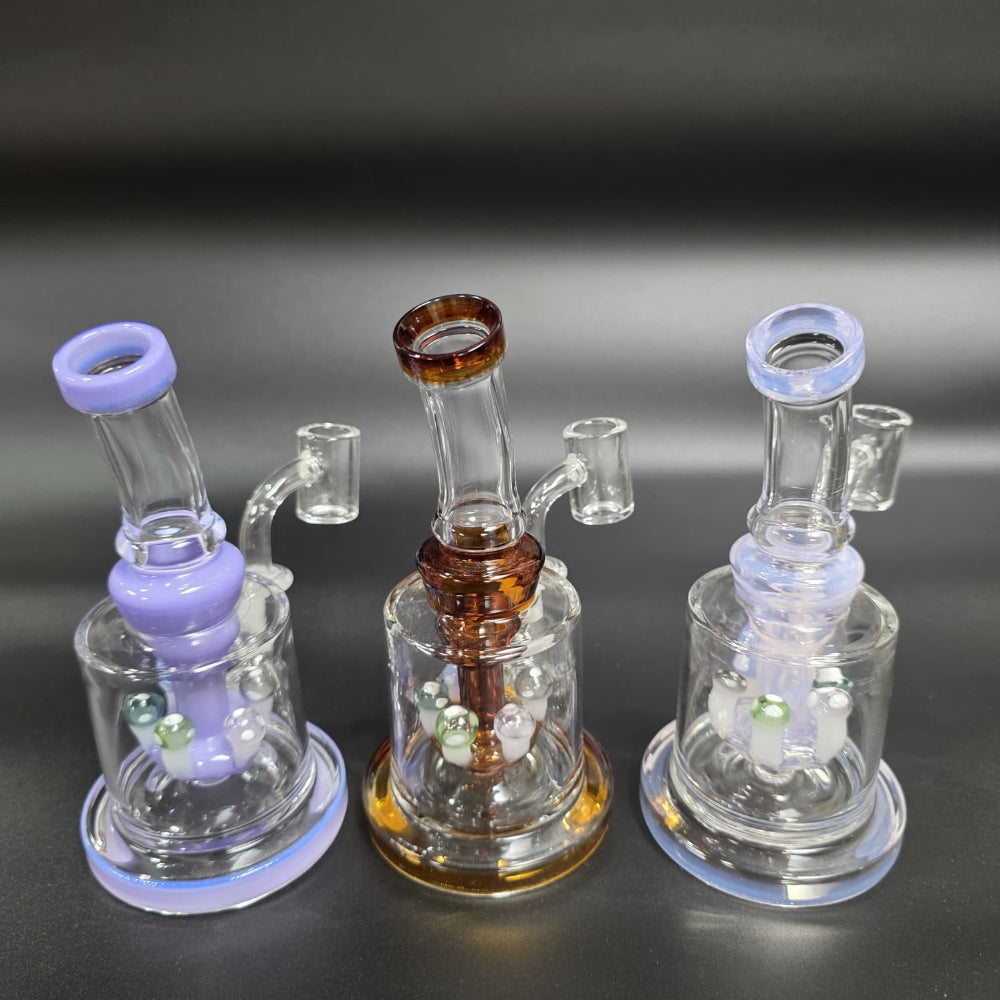 Glass mushroom percolator flat bottom dab rig water pipe with 14mm banger, offering stability, smooth airflow, and clean vapor hits.