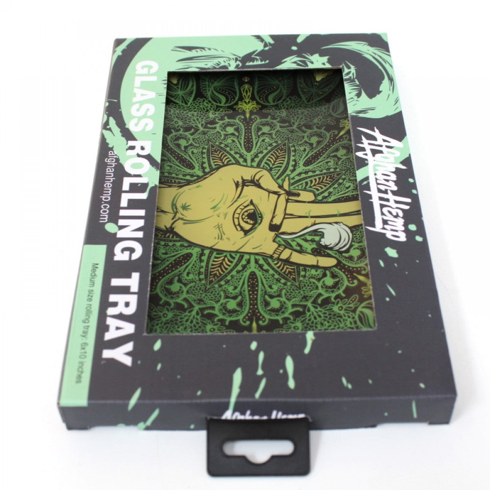 Glass rolling tray 6 x 10 inches Afghan hemp art design with durable tempered glass, smooth finish, and stylish printed surface for everyday use.