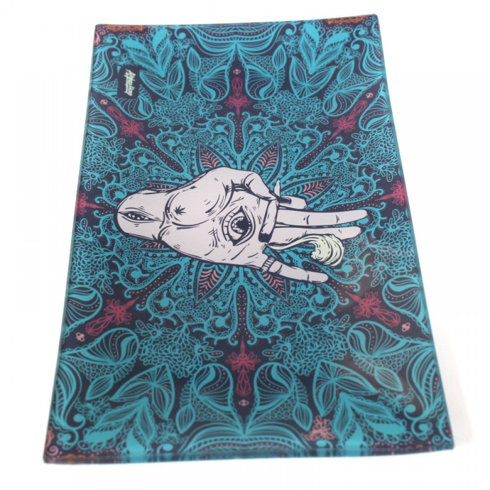 Glass rolling tray Afghan hemp design medium size 6 x 10 inches with durable tempered glass, smooth surface, and stylish printed artwork.