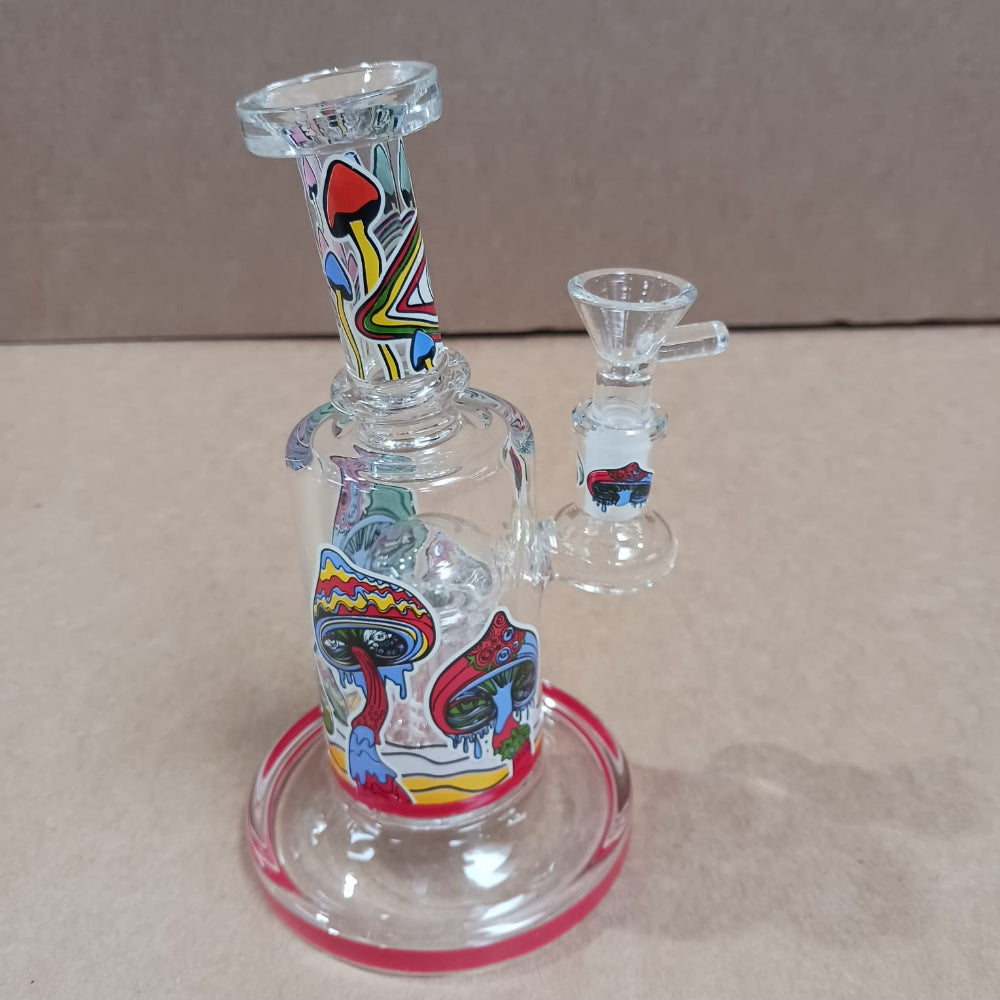 Glass water pipe with tree percolator and decorative decal art design, crafted for smooth airflow, enhanced filtration, and a stylish durable smoking experience.