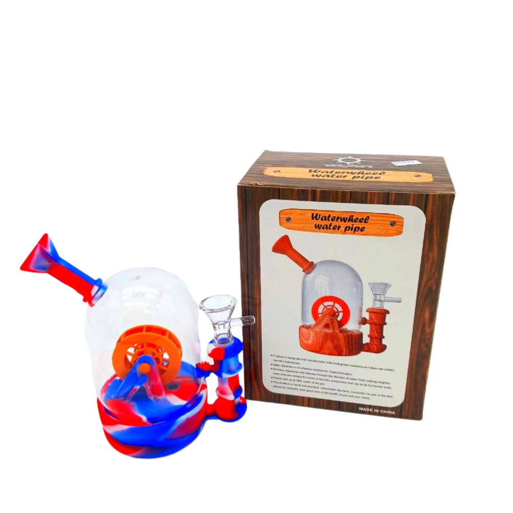 Hybrid silicone water pipe with glass water wheel feature, designed for smooth airflow, durable construction, and easy cleaning with a stylish functional design.