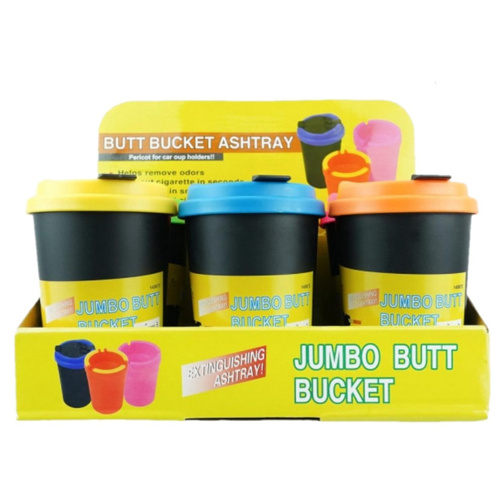 Glow butt bucket car ashtray with lid, luminous durable design, compact cup holder fit, 12 count pack ideal for car use and travel convenience.