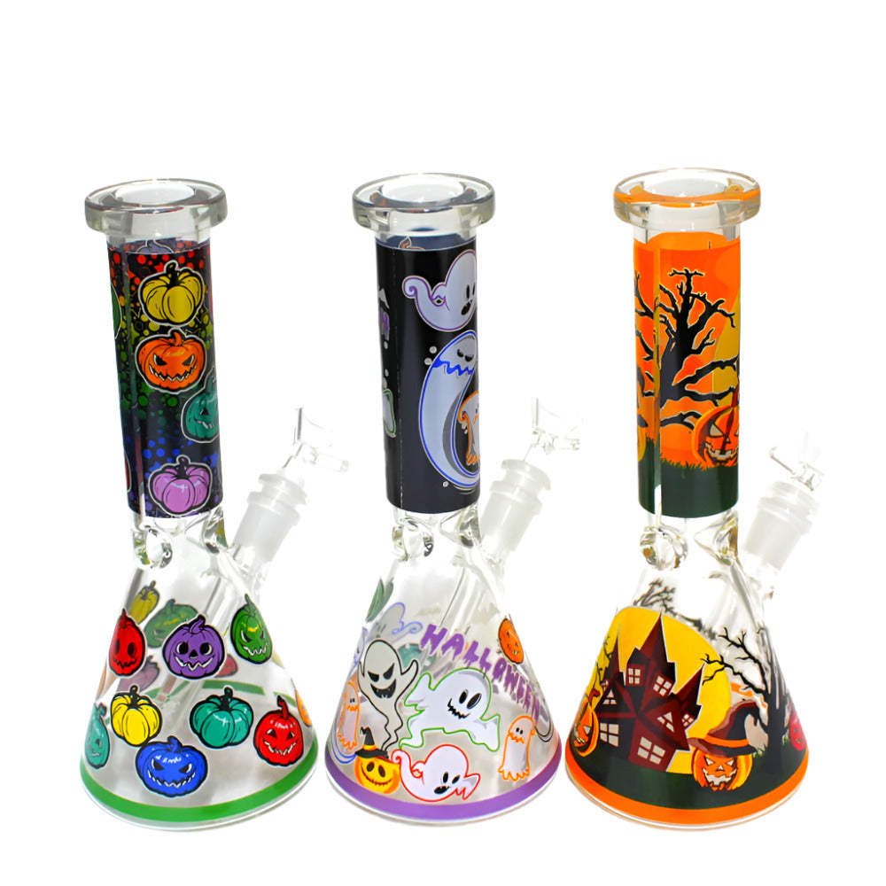 Glow in the dark beaker Halloween design colorful water pipe with 14mm male bowl glass on glass bong with beaker base and artistic spooky theme design.