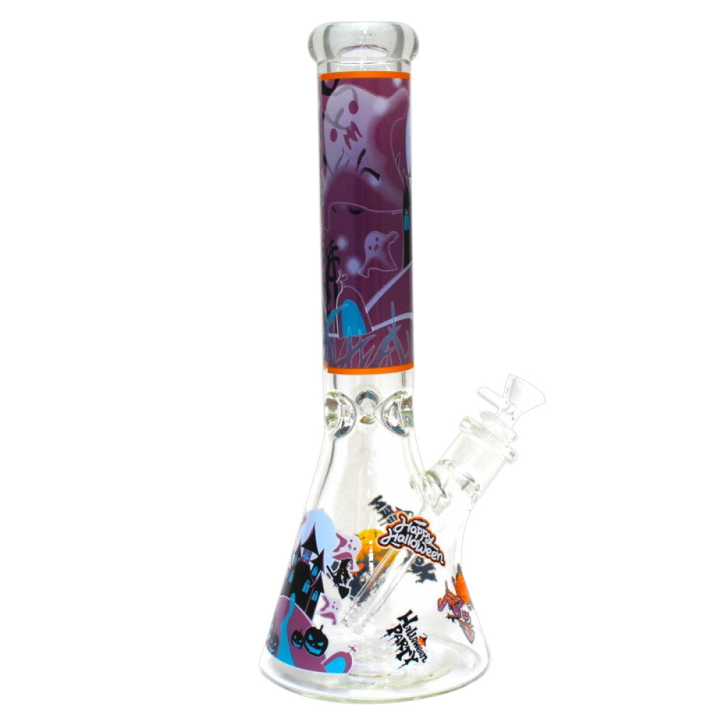 Glow in The Dark Halloween Design Beaker Water Pipe featuring heavy duty glass construction, artistic printed graphics, and beaker base for smooth filtration performance.
