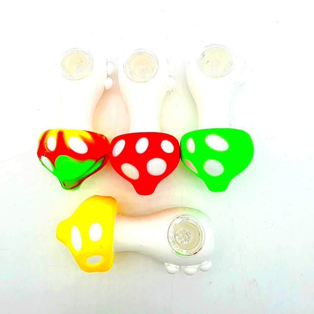 Silicone mushroom shaped hand pipe, glow in the dark feature, flexible and heat-resistant smoking accessory.