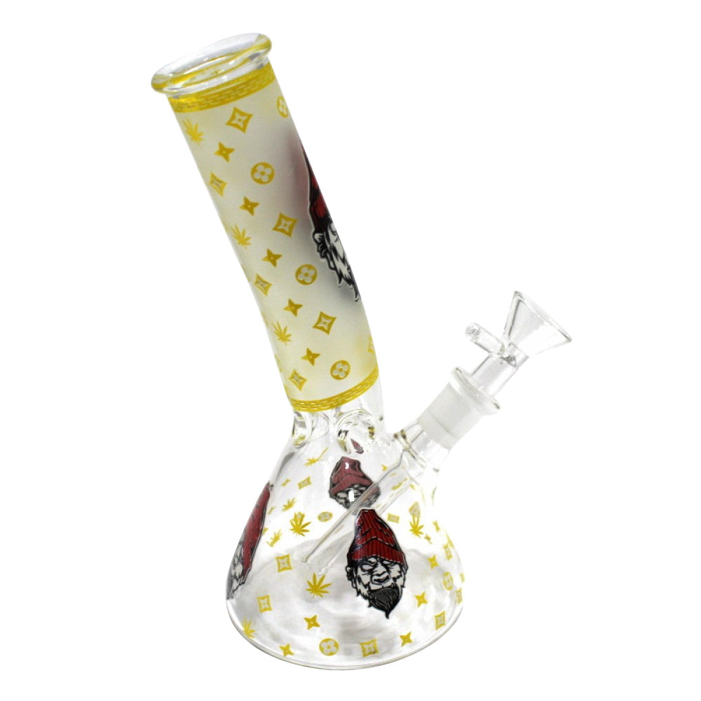 Glow in The Dark Water Pipe with picture art design, decorative graphics, durable glass construction, and luminous glowing effect.