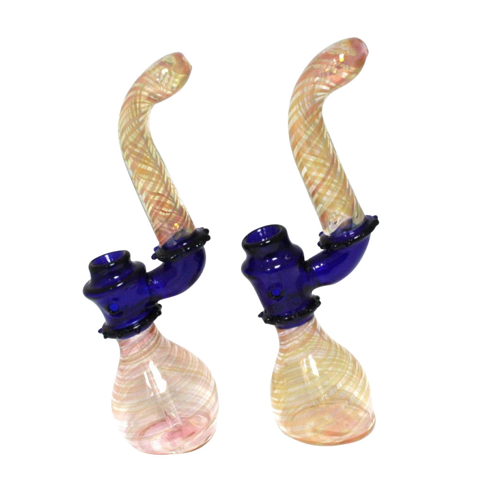 Gold Fumed With Blue Tube Color Sherlock Style Heavy Duty Glass Bubbler Large Size with thick glass construction, blue accents, and handcrafted detailing.