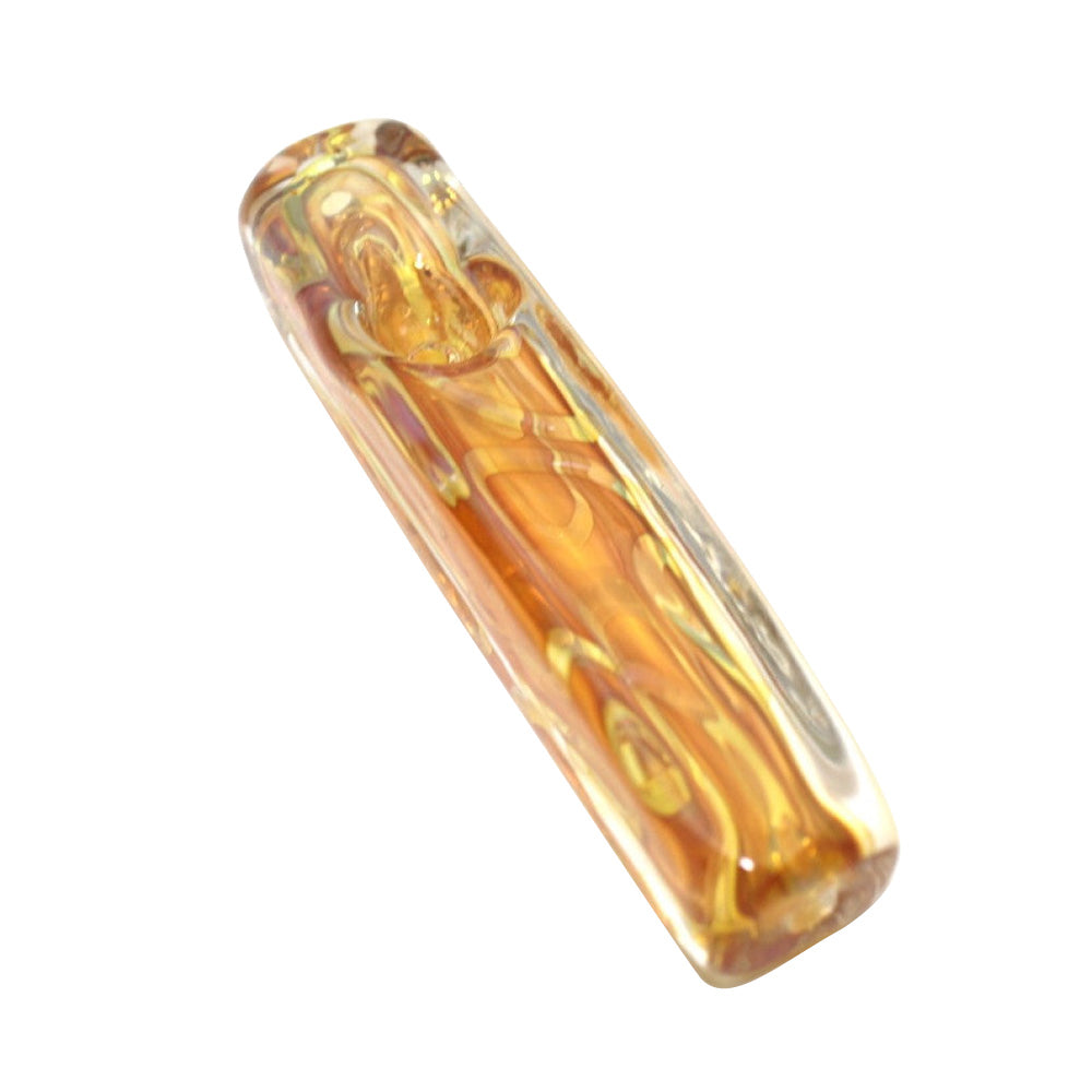 Gold fumed flat design heavy duty glass hand pipe featuring thick durable glass construction and a unique handcrafted finish.