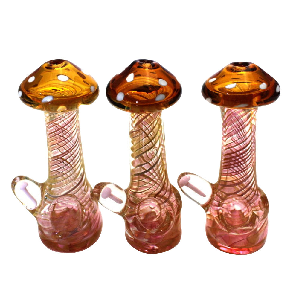 Gold Fumed Mushroom Design Standing Extra Heavy Duty Glass Hand Pipe with durable glass construction, gold fumed finish, standing base, and smooth airflow