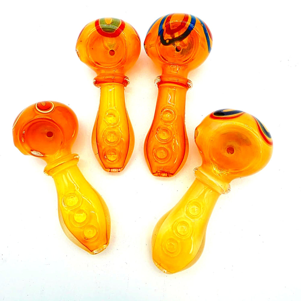 Gold swirl color glass hand pipe with handcrafted luxury swirl design, gold accents, durable heat-resistant glass, and smooth smoking experience for herbal use