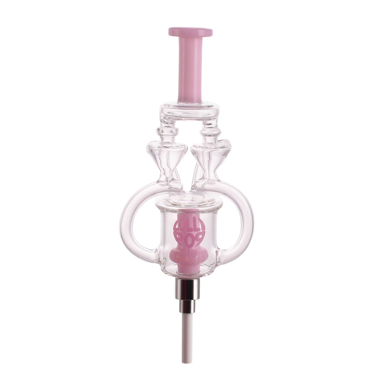Angled view of Golden Flow Premium Recycler Lollipop Straw Kit highlighting colored glass accents, durable build, and advanced recycler airflow system.
