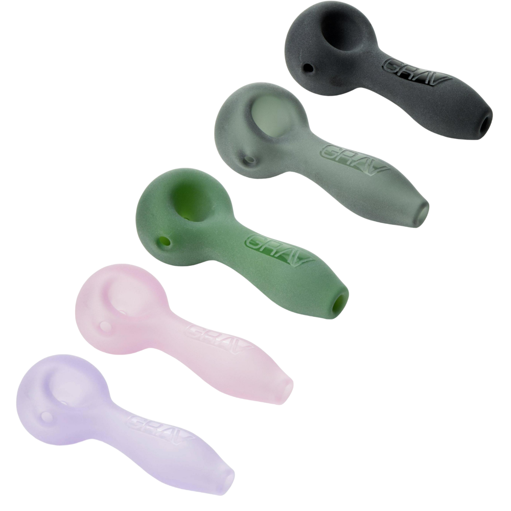 GRAV Sandblasted Glass Spoon Hand Pipe featuring textured matte finish, durable borosilicate glass construction, and classic ergonomic spoon design.