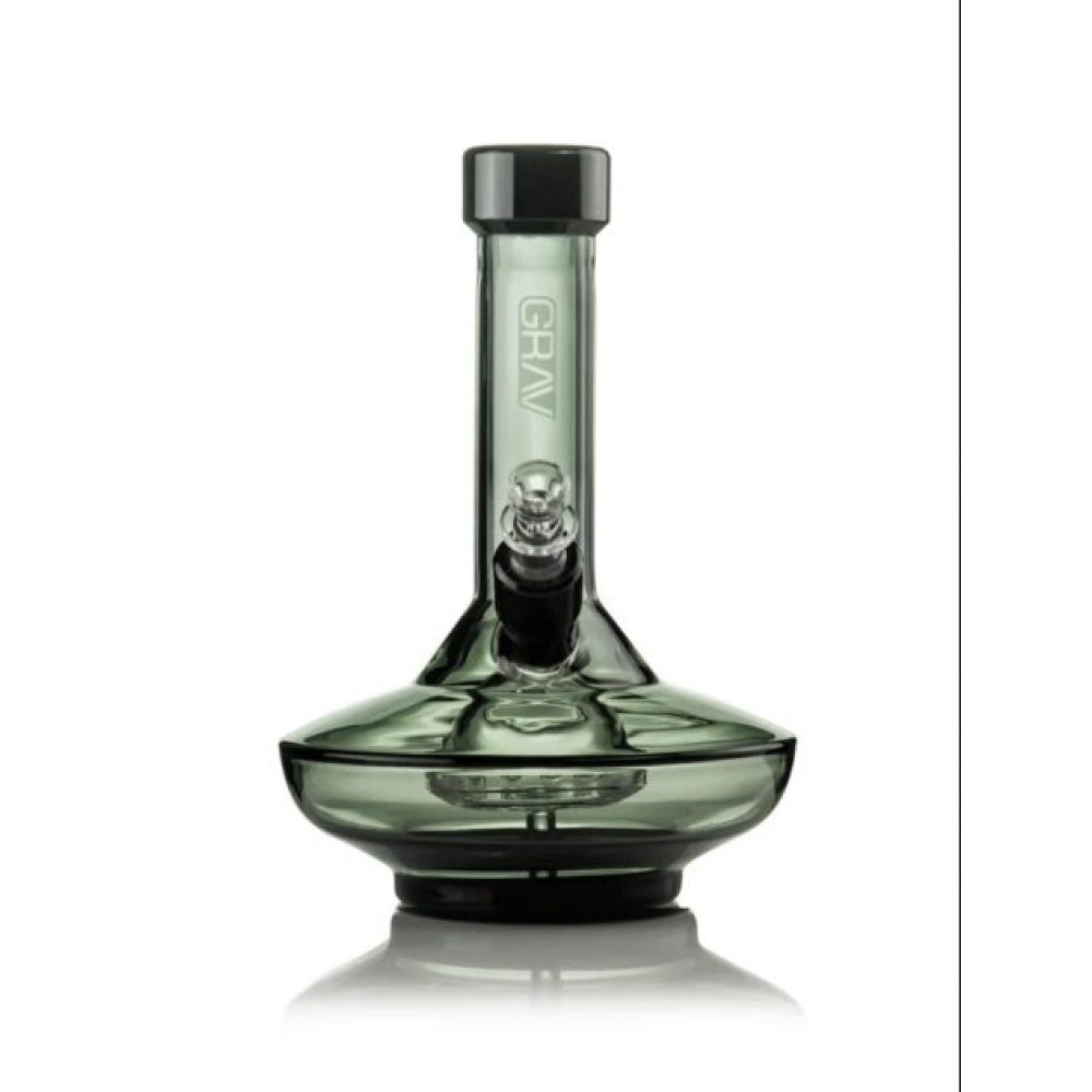 GRAV small wide base water pipe in smoke color with black accents, durable glass design for smooth filtration and stable wide base support.