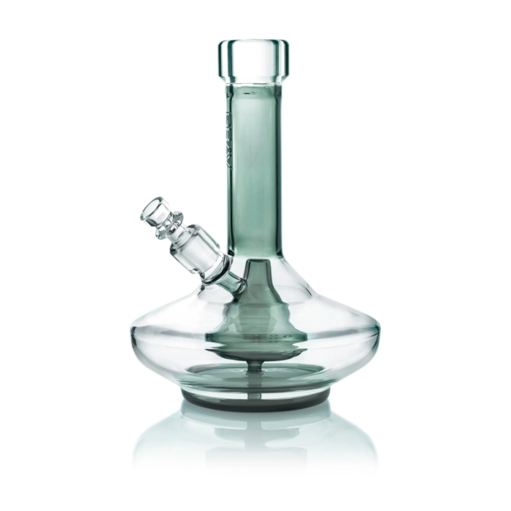 GRAV small wide base water pipe in smoke grey with clear accents, premium borosilicate glass piece designed for stable use and smooth water filtration.