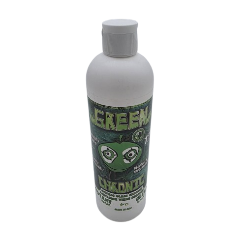 Green Chronic Cleaner 12oz cleaning solution designed to remove residue and buildup from glass accessories