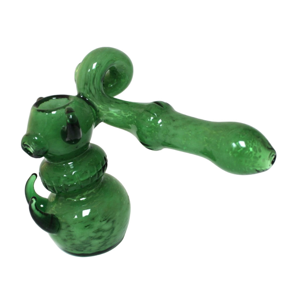 Green Color Thorn Design Side Arm Unique Bubbler with handcrafted glass construction, thorn-inspired detailing, and unique side arm structure.
