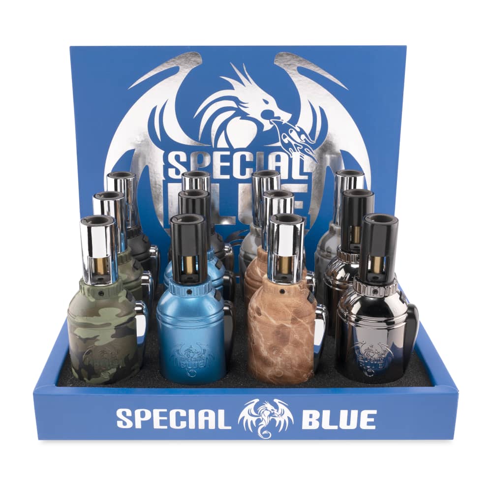 Special Blue Grenade Pixel Design Torch Lighter 12 Pack featuring unique grenade-style body, pixelated graphic design, and windproof refillable butane flame for reliable use.